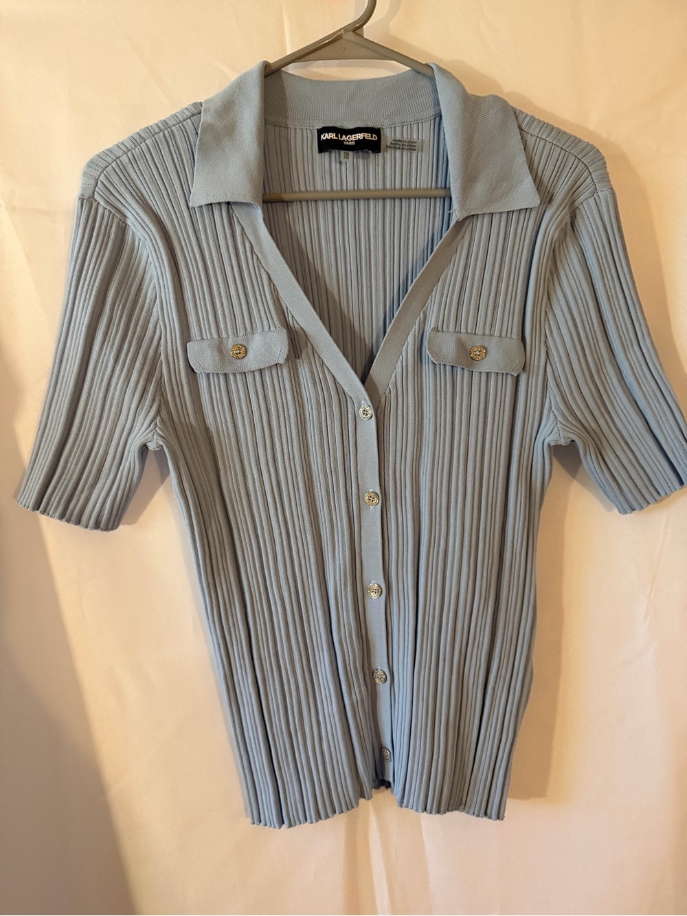 Karl Lagerfeld Powder Blue Ribbed Short-Sleeve Button Front Top
